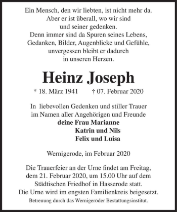 Traueranzeige von Heinz Joseph  von Magdeburger Volksstimme