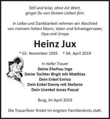 Traueranzeige von Heinz Jux  von Magdeburger Volksstimme