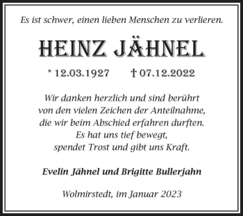 Traueranzeige von Heinz Jähnel  von Magdeburger Volksstimme