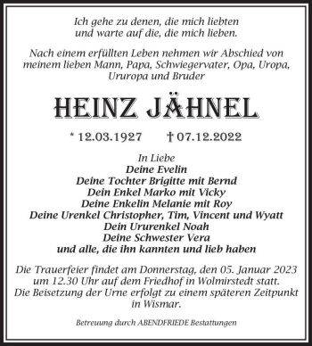 Traueranzeige von Heinz Jähnel  von Magdeburger Volksstimme