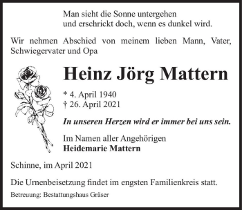 Traueranzeige von Heinz Jörg Mattern  von Magdeburger Volksstimme