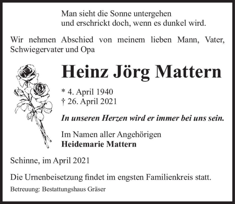  Traueranzeige für Heinz Jörg Mattern  vom 30.04.2021 aus Magdeburger Volksstimme