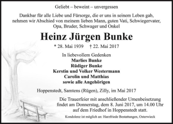 Traueranzeige von Heinz Jürgen Bunke  von Magdeburger Volksstimme
