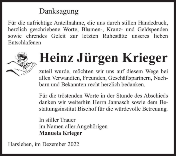 Traueranzeige von Heinz Jürgen Krieger  von Magdeburger Volksstimme