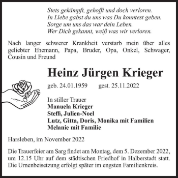 Traueranzeige von Heinz Jürgen Krieger  von Magdeburger Volksstimme