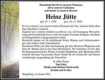 Traueranzeige von Heinz Jütte  von Magdeburger Volksstimme