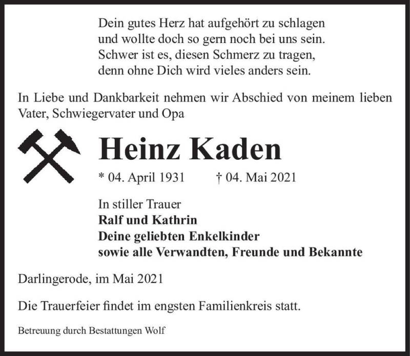  Traueranzeige für Heinz Kaden  vom 15.05.2021 aus Magdeburger Volksstimme