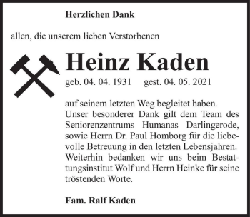 Traueranzeige von Heinz Kaden  von Magdeburger Volksstimme