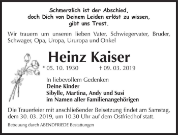 Traueranzeige von Heinz Kaiser  von Magdeburger Volksstimme