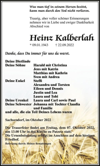 Traueranzeige von Heinz Kalberlah  von Magdeburger Volksstimme