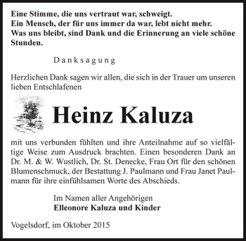 Traueranzeige von Heinz Kaluza  von Magdeburger Volksstimme