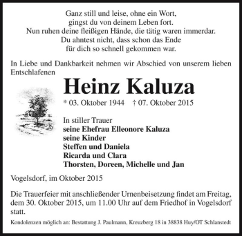 Traueranzeige von Heinz Kaluza  von Magdeburger Volksstimme