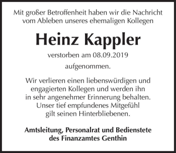 Traueranzeige von Heinz Kappler  von Magdeburger Volksstimme