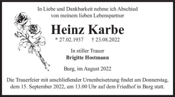 Traueranzeige von Heinz Karbe  von Magdeburger Volksstimme