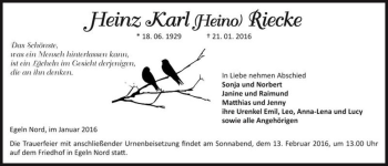 Traueranzeige von Heinz Karl (Heino) Riecke  von Magdeburger Volksstimme