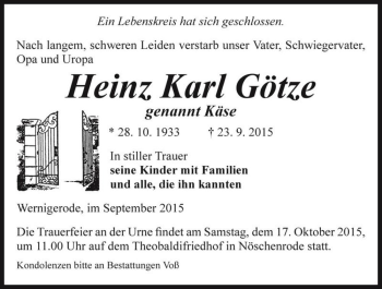 Traueranzeige von Heinz Karl Götze (Käse)  von Magdeburger Volksstimme