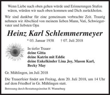 Traueranzeige von Heinz Karl Schlemmermeyer  von Magdeburger Volksstimme