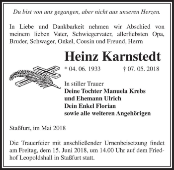 Traueranzeige von Heinz Karnstedt  von Magdeburger Volksstimme