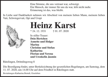 Traueranzeige von Heinz Karst  von Magdeburger Volksstimme