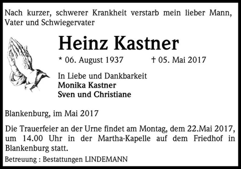  Traueranzeige für Heinz Kastner  vom 13.05.2017 aus Magdeburger Volksstimme