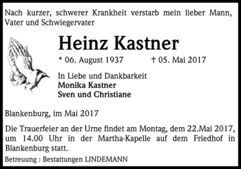 Traueranzeige von Heinz Kastner  von Magdeburger Volksstimme