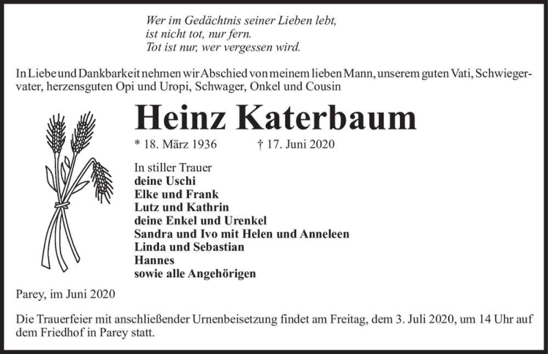  Traueranzeige für Heinz Katerbaum  vom 20.06.2020 aus Magdeburger Volksstimme