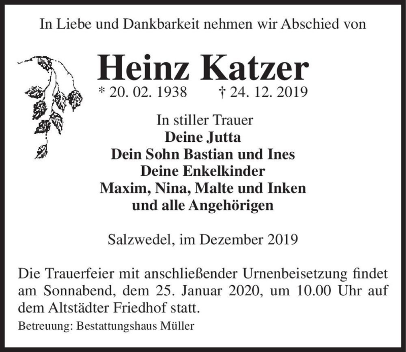  Traueranzeige für Heinz Katzer  vom 28.12.2019 aus Magdeburger Volksstimme