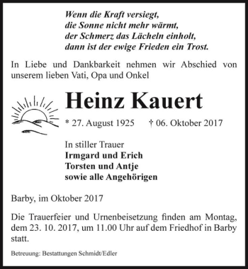 Traueranzeige von Heinz Kauert  von Magdeburger Volksstimme