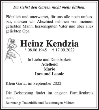 Traueranzeige von Heinz Kendzia  von Magdeburger Volksstimme