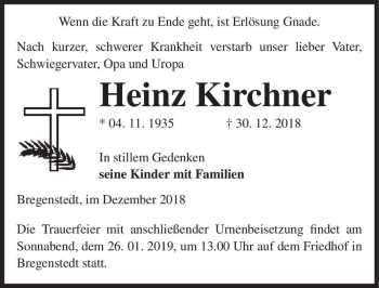 Traueranzeige von Heinz Kirchner  von Magdeburger Volksstimme
