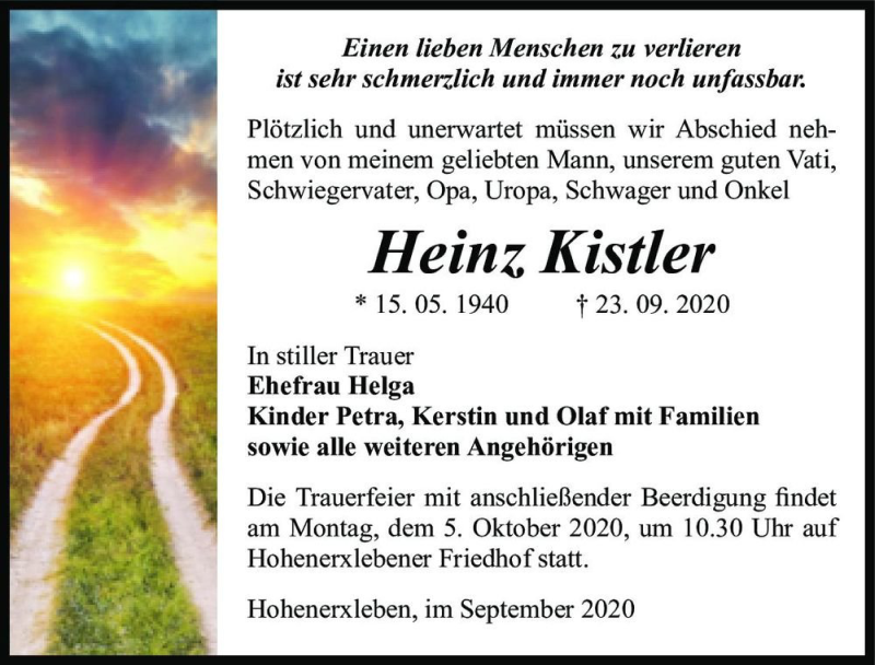  Traueranzeige für Heinz Kistler  vom 28.09.2020 aus Magdeburger Volksstimme