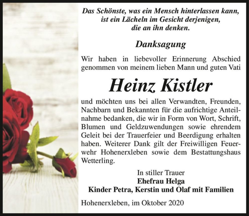  Traueranzeige für Heinz Kistler  vom 10.10.2020 aus Magdeburger Volksstimme