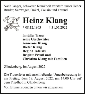 Traueranzeige von Heinz Klang  von Magdeburger Volksstimme