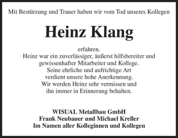Traueranzeige von Heinz Klang  von Magdeburger Volksstimme