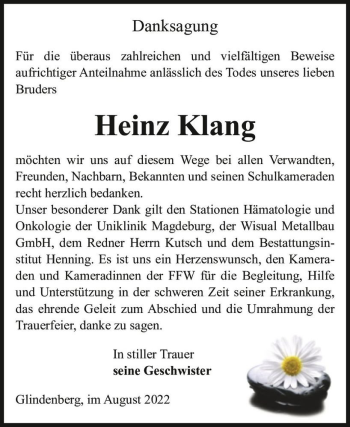Traueranzeige von Heinz Klang  von Magdeburger Volksstimme