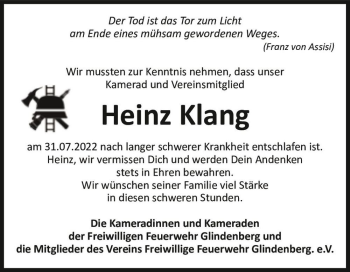 Traueranzeige von Heinz Klang  von Magdeburger Volksstimme