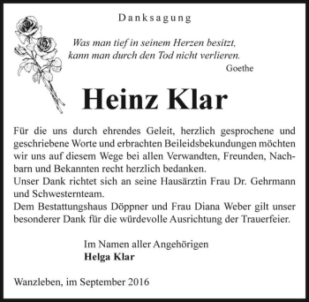 Traueranzeige von Heinz Klar  von Magdeburger Volksstimme