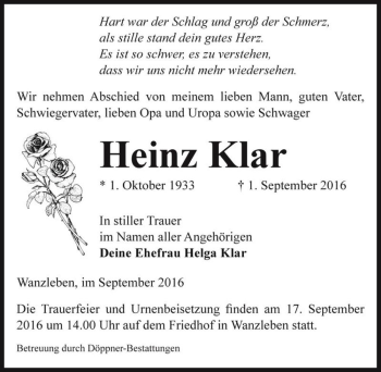 Traueranzeige von Heinz Klar  von Magdeburger Volksstimme