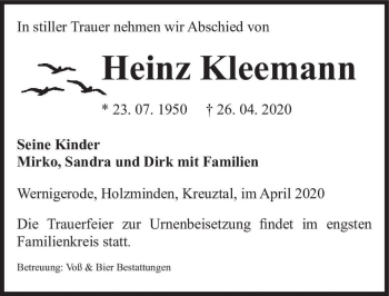 Traueranzeige von Heinz Kleemann  von Magdeburger Volksstimme