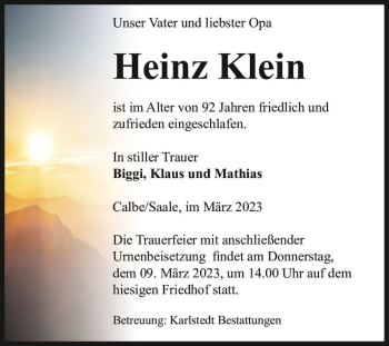 Traueranzeige von Heinz Klein  von Magdeburger Volksstimme