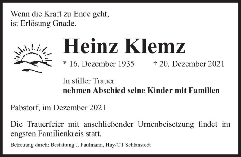  Traueranzeige für Heinz Klemz  vom 24.12.2021 aus Magdeburger Volksstimme