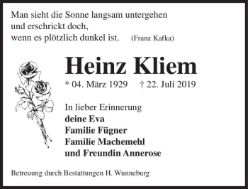 Traueranzeige von Heinz Kliem  von Magdeburger Volksstimme