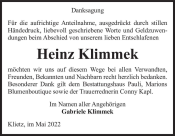 Traueranzeige von Heinz Klimmek  von Magdeburger Volksstimme