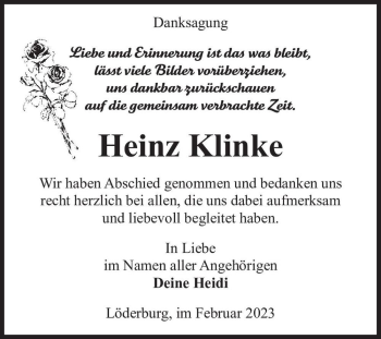 Traueranzeige von Heinz Klinke  von Magdeburger Volksstimme