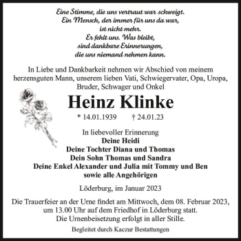 Traueranzeige von Heinz Klinke  von Magdeburger Volksstimme