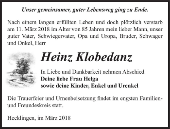 Traueranzeige von Heinz Klobedanz  von Magdeburger Volksstimme