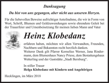 Traueranzeige von Heinz Klobedanz  von Magdeburger Volksstimme