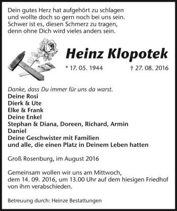 Traueranzeige von Heinz Klopotek  von Magdeburger Volksstimme