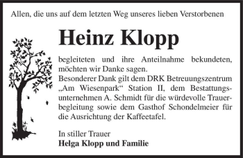 Traueranzeige von Heinz Klopp  von Magdeburger Volksstimme