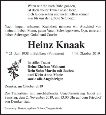 Traueranzeige von Heinz Knaak  von Magdeburger Volksstimme